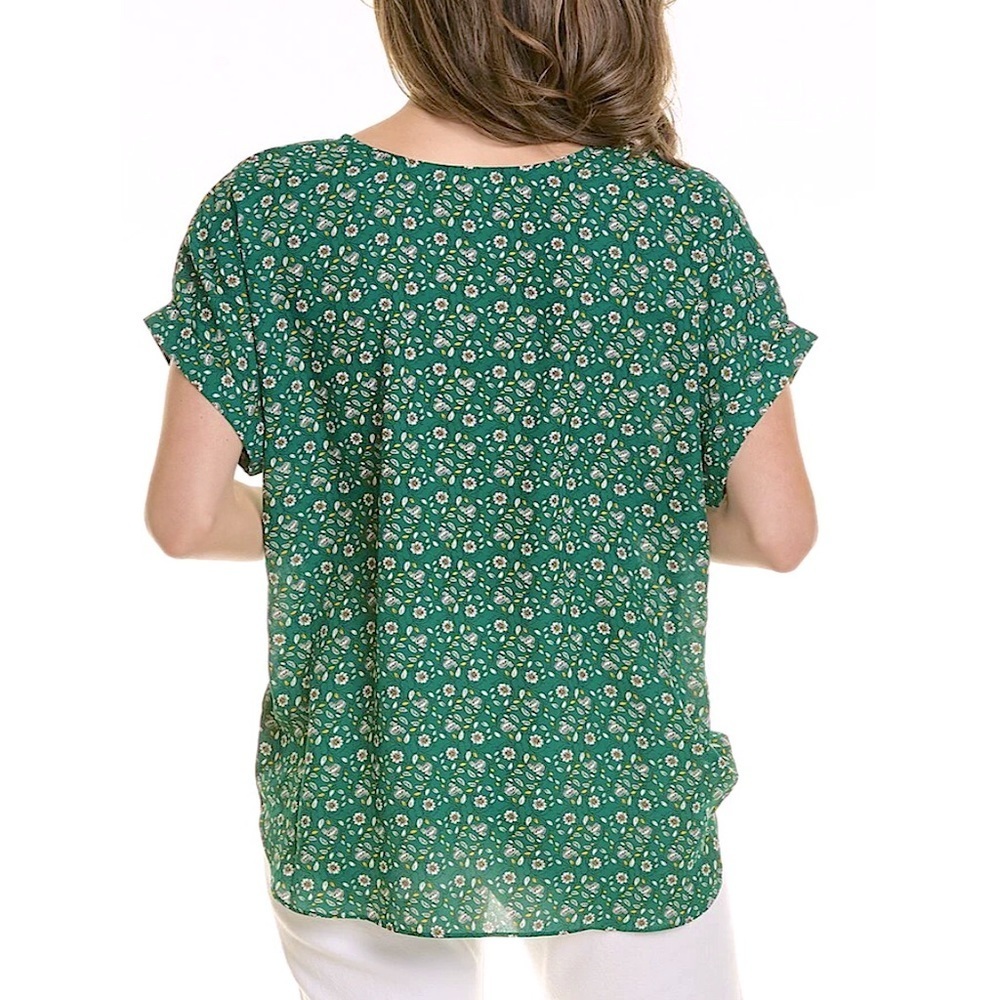 Max Studio Crepe Faux Wrap Short Sleeve Top, Green Floral - Size S - Picture 2 of 10